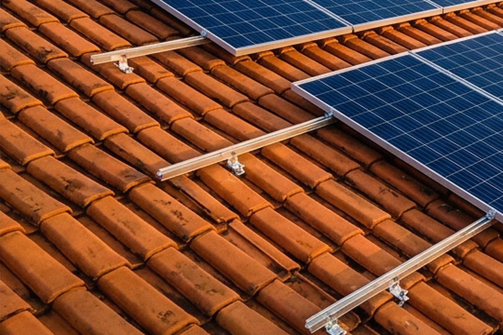 Trilhos de alumínio e grampos fixados no telhado cerâmico, prontos para receber os painéis solares durante a instalação