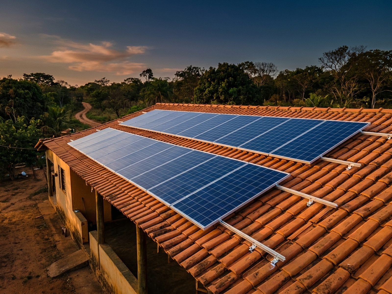Módulos fotovoltaicos instalados sobre telhado de telha cerâmica ao entardecer